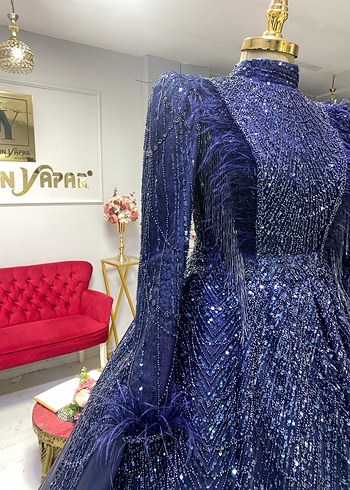 Lacivert komple dantel tüylü ve taş sarkıtlı nişanlık - Görsel 5