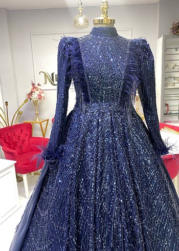 Lacivert komple dantel tüylü ve taş sarkıtlı nişanlık - Görsel 2