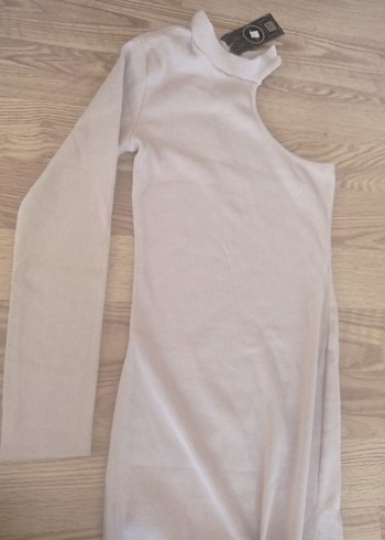 Bej Uzun Tek Kollu Salaş Kadın Elbise - Görsel 7