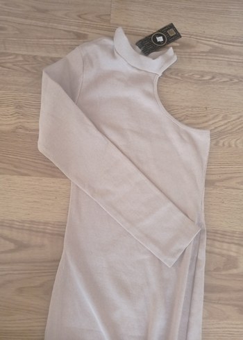 Bej Uzun Tek Kollu Salaş Kadın Elbise - Görsel 6