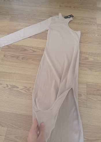 Bej Uzun Tek Kollu Salaş Kadın Elbise - Görsel 5