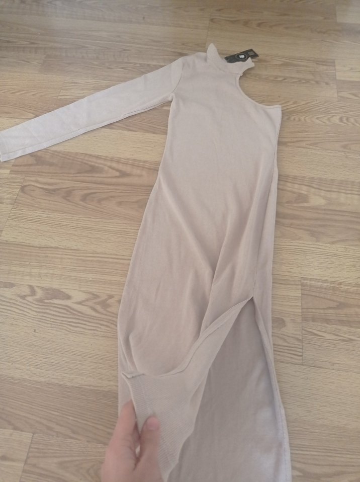 Bej Uzun Tek Kollu Salaş Kadın Elbise - Görsel 5