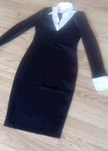 Uzun Kollu Siyah V Yaka Kadın Kalem Elbise - Görsel 3