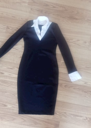 Uzun Kollu Siyah V Yaka Kadın Kalem Elbise - Görsel 2