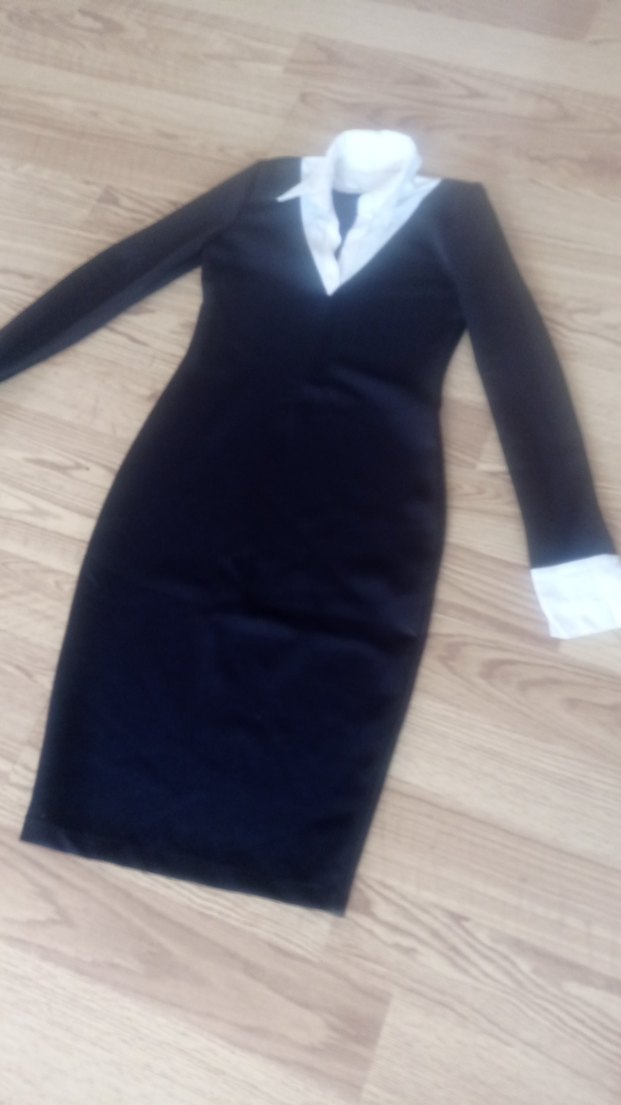 Uzun Kollu Siyah V Yaka Kadın Kalem Elbise - Görsel 3