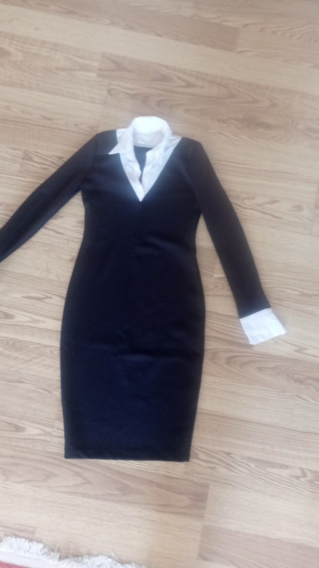 Uzun Kollu Siyah V Yaka Kadın Kalem Elbise - Görsel 2