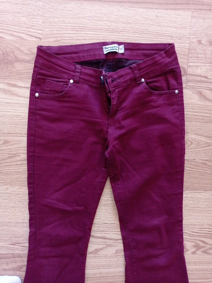 Bordo Düğmeli Salaş Kadın  Pantolon - Görsel 2