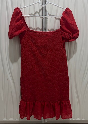 Kırmızı Mini Keten Elbise Fırfırlı - Görsel 2