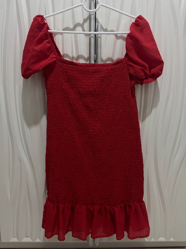 Kırmızı Mini Keten Elbise Fırfırlı - Görsel 2