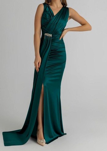 Drapeli Koyu Yeşil Uzun Abiye Elbise - Görsel 3