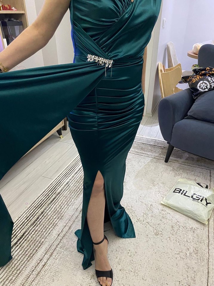 Drapeli Koyu Yeşil Uzun Abiye Elbise - Görsel 2