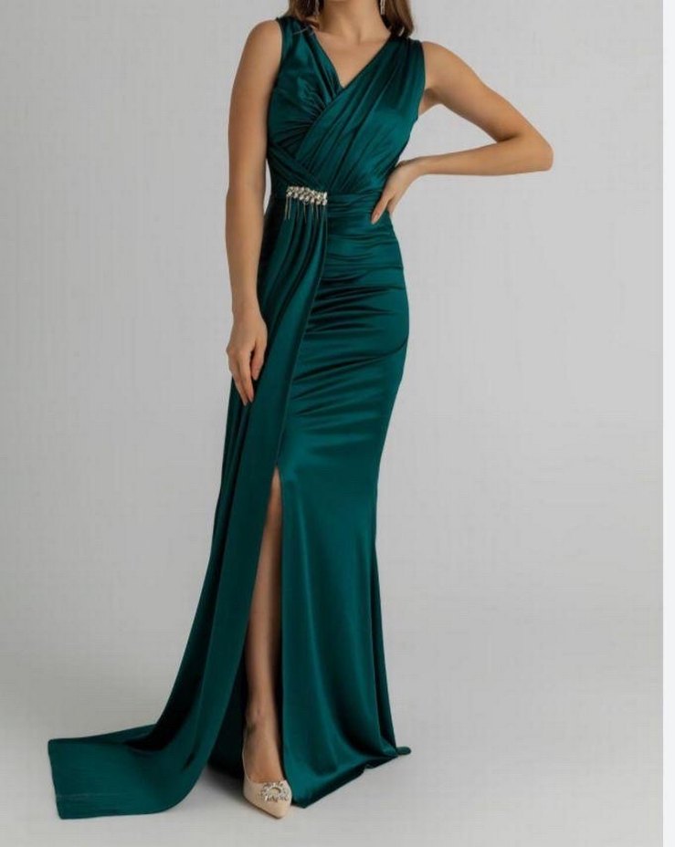 Drapeli Koyu Yeşil Uzun Abiye Elbise - Görsel 3