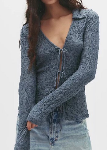 Gri Örgü Detaylı Bol Kesim Kadın Denim Pantolon - Görsel 3