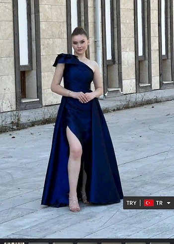 Drapeli Lacivert Uzun Abiye Elbise