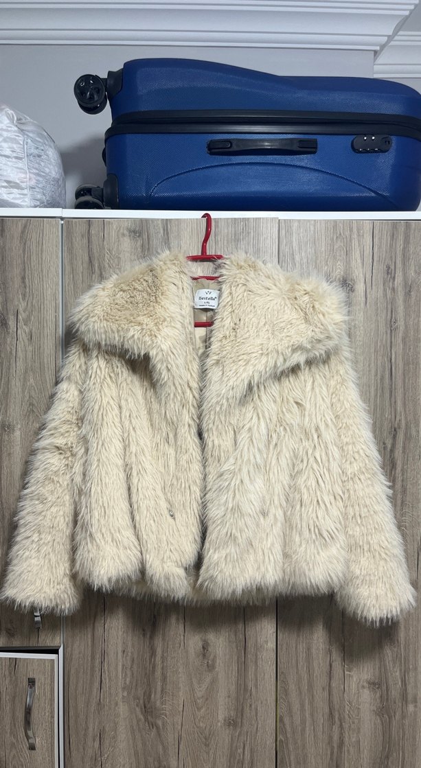 Bej Kadın Kürk Detaylı Midi Boy Mont - Görsel 5