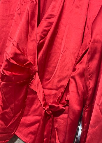 Kadın Kırmızı Saten Gömlek Ceket - Görsel 2