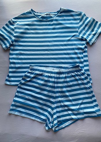 Mavi Çizgili Kısa Kollu Kadın Pijama Takımı