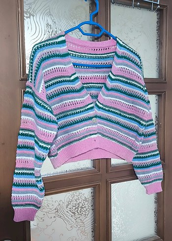 Renkli Bohem Örgü Kadın Hırka - Görsel 2