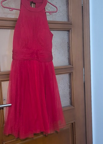 Kırmızı Askılı Midi Kadın Abiye Elbise - Görsel 5