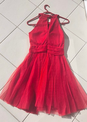 Kırmızı Askılı Midi Kadın Abiye Elbise - Görsel 4