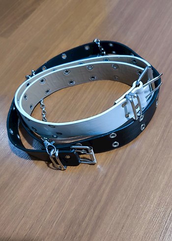 Deri Tokalı Kadın İkili Kemer beyaz-siyah - Görsel 2