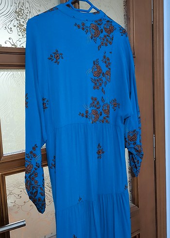 Mavi İşlemeli Boncuk Detaylı Uzun Elbise - Görsel 5