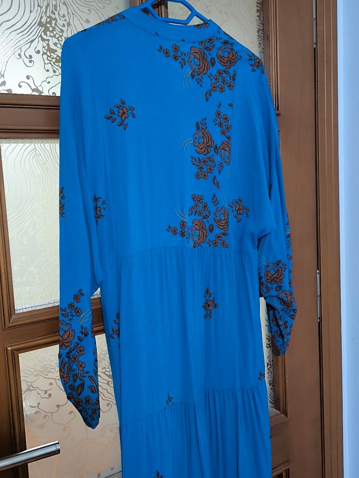 Mavi İşlemeli Boncuk Detaylı Uzun Elbise - Görsel 5