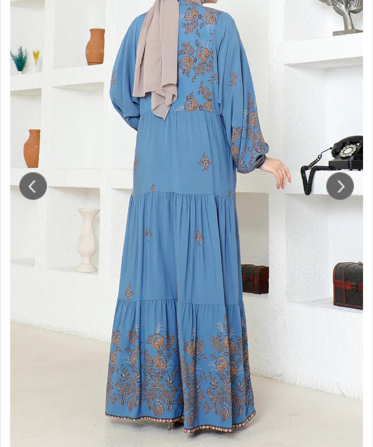 Mavi İşlemeli Boncuk Detaylı Uzun Elbise - Görsel 2