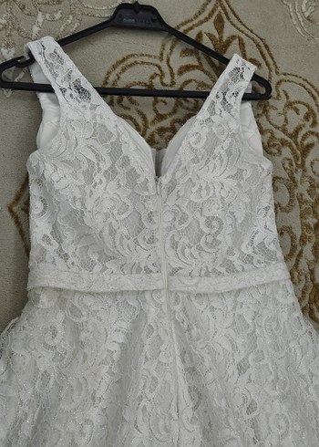 V Yaka Kolsuz Beyaz Dantel A Kesim Gelinlik - Görsel 10