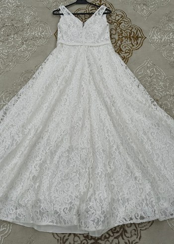 V Yaka Kolsuz Beyaz Dantel A Kesim Gelinlik - Görsel 3