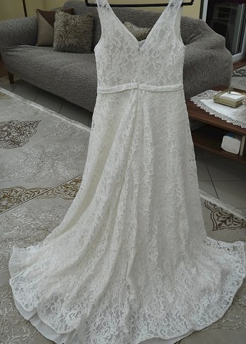 V Yaka Kolsuz Beyaz Dantel A Kesim Gelinlik - Görsel 11