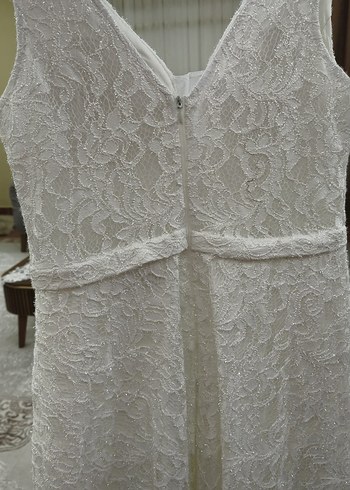 V Yaka Kolsuz Beyaz Dantel A Kesim Gelinlik - Görsel 5