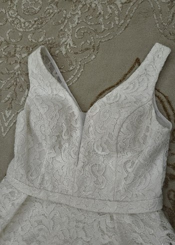 V Yaka Kolsuz Beyaz Dantel A Kesim Gelinlik - Görsel 9