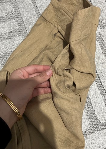 s Beden camel Renk Bej Kadın Keten Pilili Rahat Pantolon