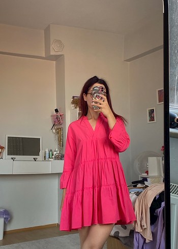 Pembe Bohem Bağlama Desenli Midi Elbise