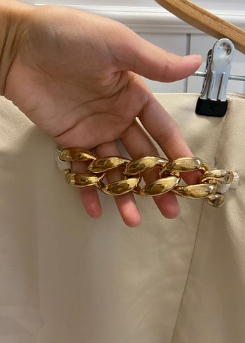 36 Beden camel Renk Zincir Detaylı Bej Deri Midi Etek