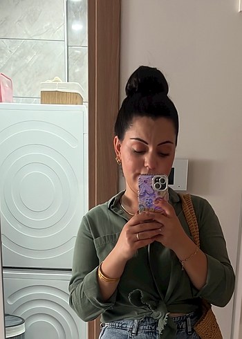 Diğer Düğmeli Keten Salaş haki Kadın Gömlek