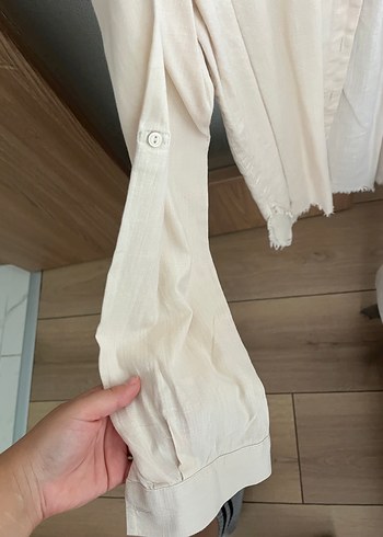 36 Beden ten rengi Renk Düğmeli krem Keten Gömlek Midi Boy