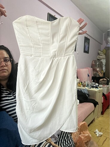 Diğer Beyaz straplez mini elbise