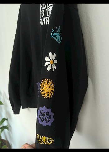 l Beden siyah Renk Siyah Kapüşonlu Baskılı Sweatshirt