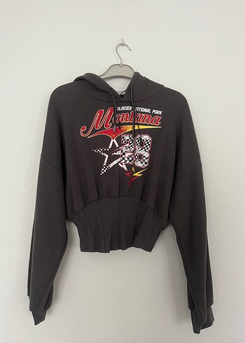 Gri Kapüşonlu Belden Oturmalı Sweatshirt