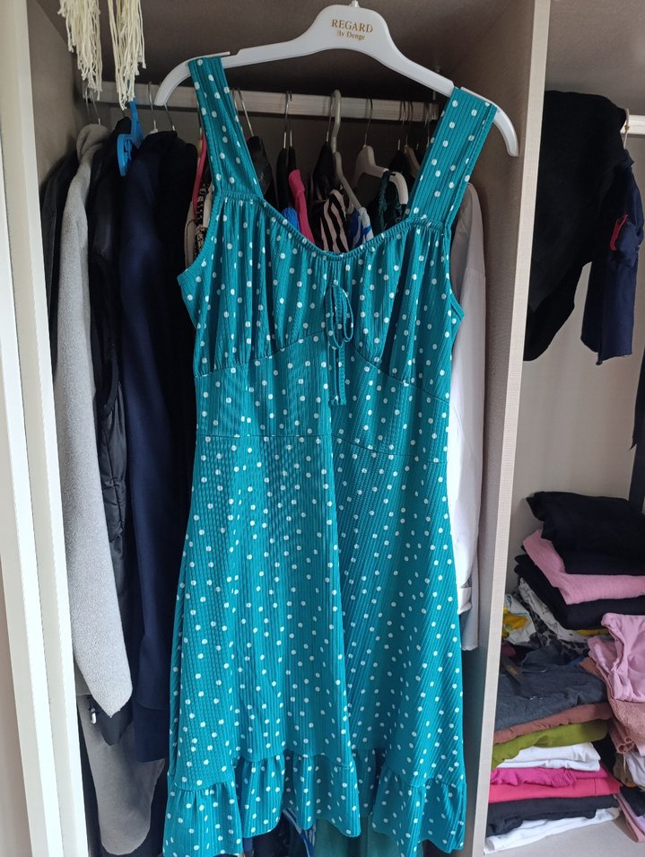 Puantiye Desenli Turkuaz Elbisesi - Görsel 4