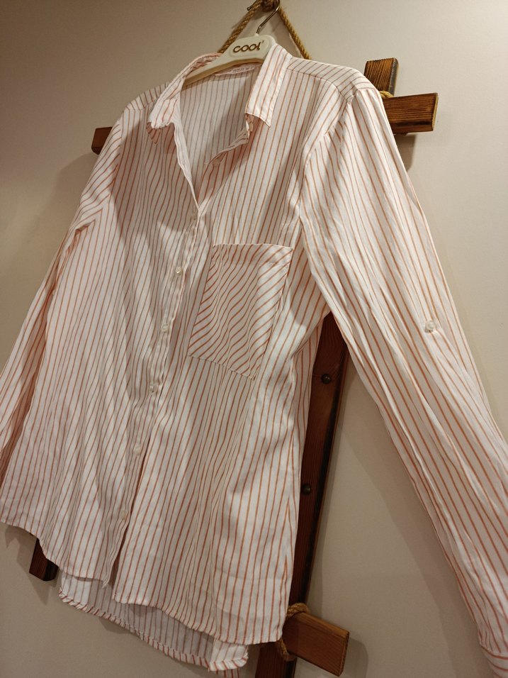 Beyaz Çizgili Keten Gömlek, Rahat Kesim - Görsel 2