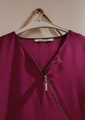 Mürdüm Rengi V Yaka Fermuarlı Şık Bluz - Görsel 2