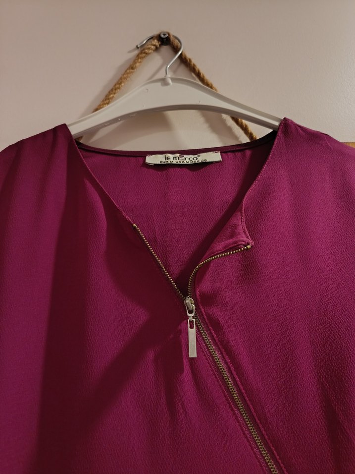 Mürdüm Rengi V Yaka Fermuarlı Şık Bluz - Görsel 2