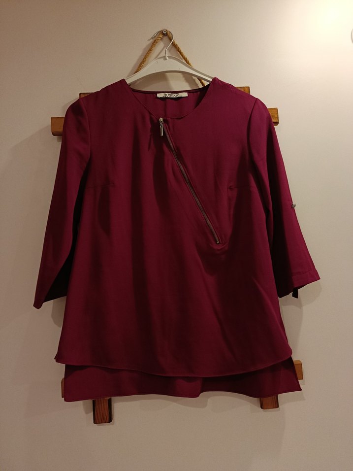 Mürdüm Rengi V Yaka Fermuarlı Şık Bluz - Görsel 4