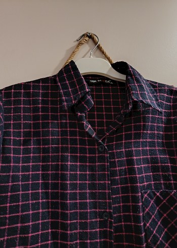 Mürdüm Kareli Uzun Kollu Salaş Gömlek - Görsel 2