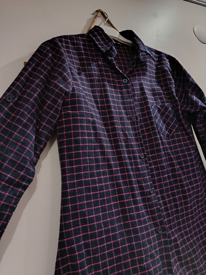 Mürdüm Kareli Uzun Kollu Salaş Gömlek - Görsel 3