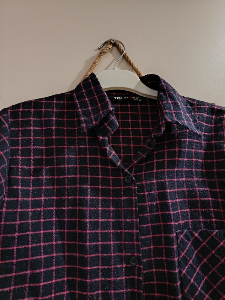 Mürdüm Kareli Uzun Kollu Salaş Gömlek - Görsel 2