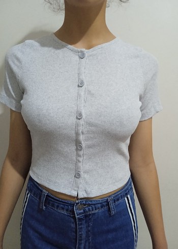 Düğmeli Gri Kadın Crop Top